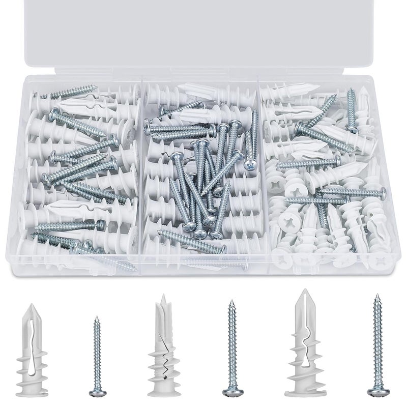Vmuter Self Drilling Drywall Anchors, 3 Size 114PCS Heavy Duty Dry Wall Anchors and Screws Kit for Hanging Sheetrock, 57 Self-Tapping Plastic Drywall Hangers and 57 Sheet Rock Screws-50/75/95 Lbs - Image 1